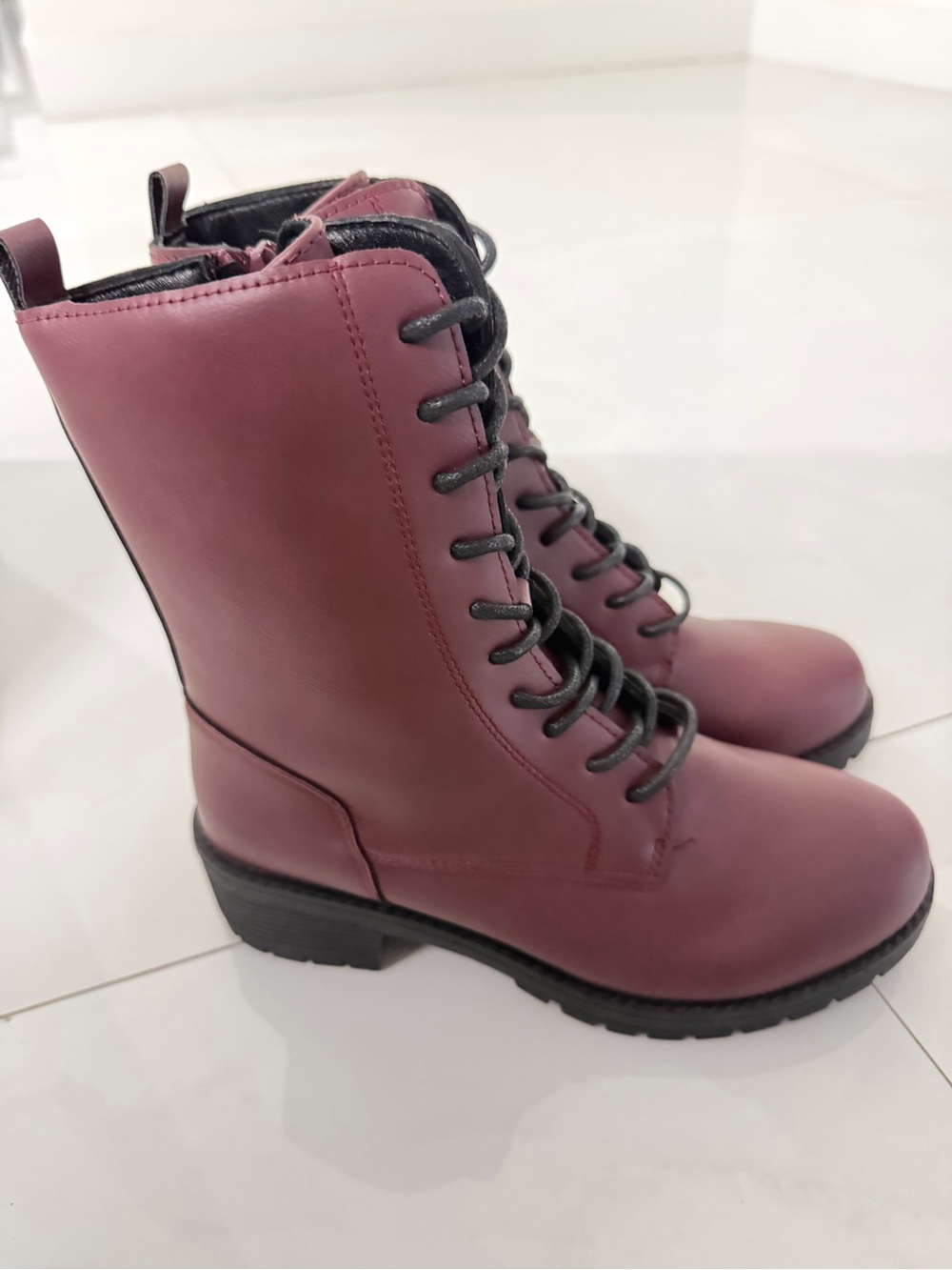 Wild Diva Lace-Up Combat Boots in Burgundy